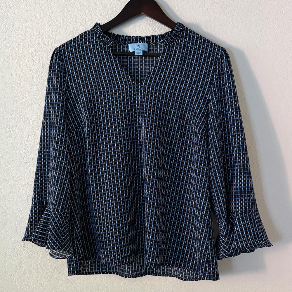 CECE Women’s Garden Geo Bell Ruffled Sleeve V‑Neck Blouse – Size Medium
